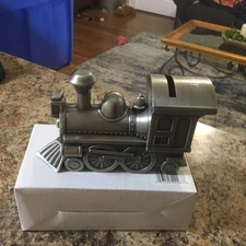 Cast Metal Train Engine Coin Piggy Bank Pewter Finish Steam Locomotive with Plug