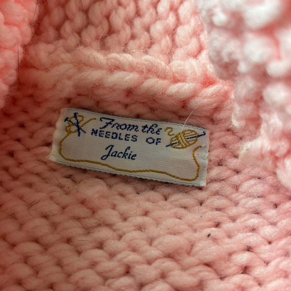 Suéter Vintage Tejido a Mano Rosa Gato Cremallera Frontal Niños 7/8 Arte Tejido  Foto 2 de 4