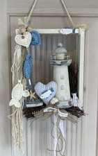 Handgefertigter Deko Rahmen Fenster H&auml;nger Wanddekoration Leuchtturm Fische -924