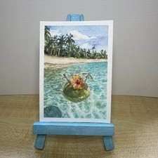 ACEO Watercolor Beach and Coconut Juice by RianeArt