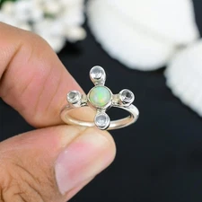 Fire Opal Cross Ring, Blue Topaz Sterling Silver Ring, Handmade Gemstone Ring