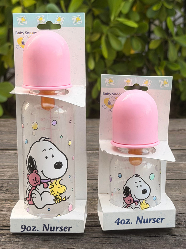 Vintage Baby Snoopy Nurser Bottle Set 4 oz 9oz Latex Nipple Pink Girls Peanuts