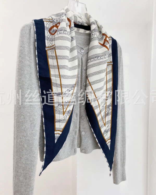 70% Cashmere 30% Silk Neckerchief horsebit Print Scarf Bandana Shawl 130X45cm