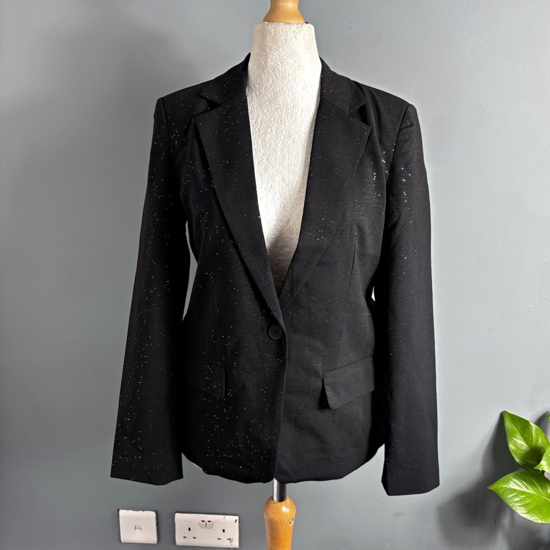 Blazer SOLO Negro Brillo Talla S Mujer’s Chaqueta de Fiesta con Botón Único a Medida N23