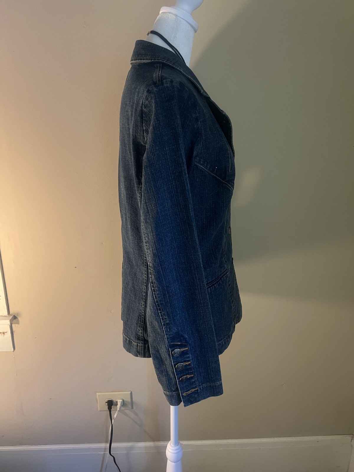 Blue Button Front Collared Mid-Length Jean Jacket… - image 6