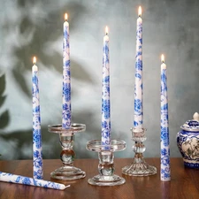 9.8" Long Taper Chinoiserie Porcelain Candlesticks Dripless Bridal Wedding Showe
