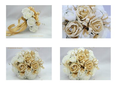 Hochzeit Blumen künstlich Gold und Elfenbein Brautjungfer Blumenstrauß Posy