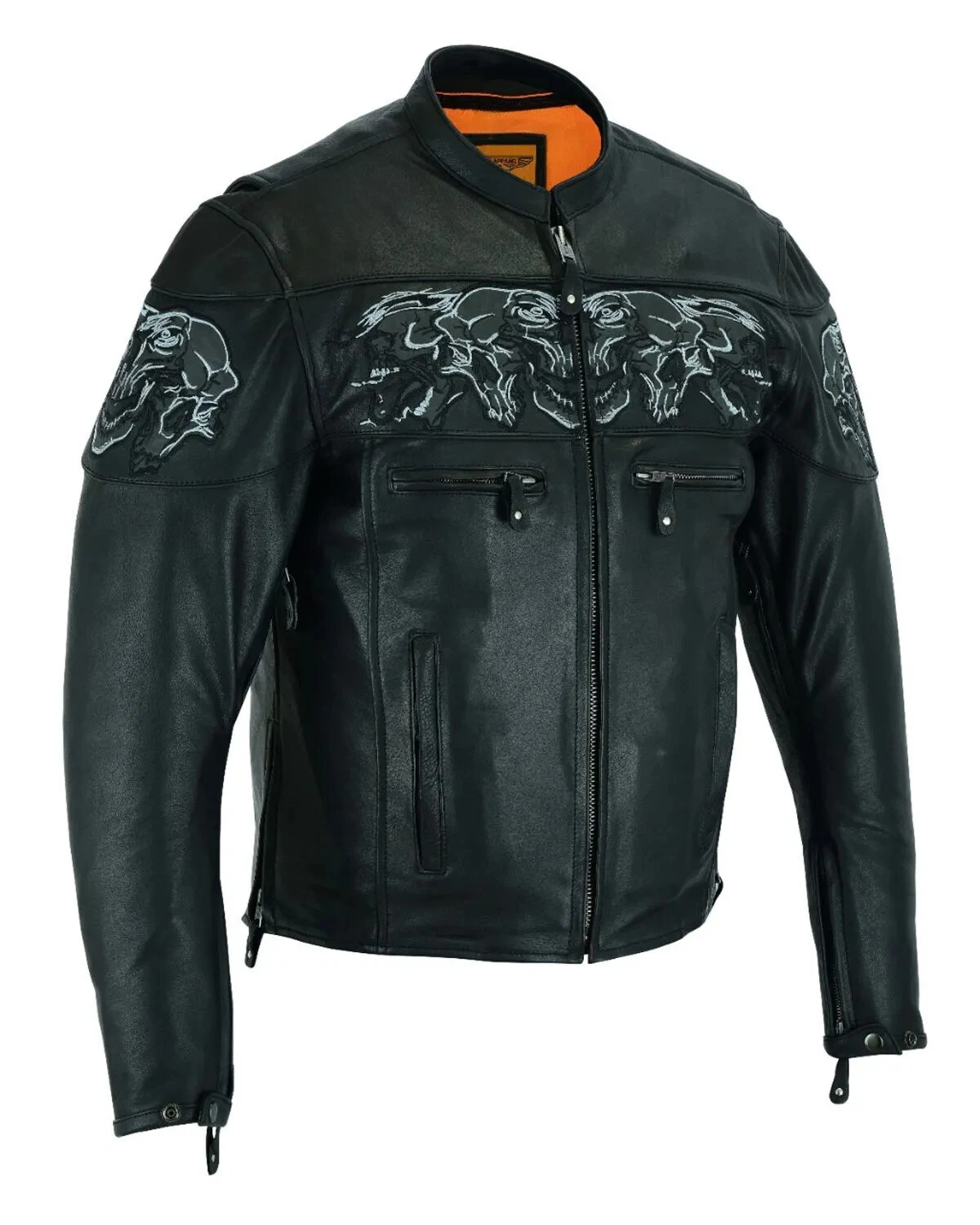 Leather Black Men's Motorcycle Racer Jacket Reflective Skulls On Back & Front