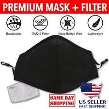 Reusable Washable Cotton Cloth Face Mask Cover + PM2.5 Carbon Filter (Black)