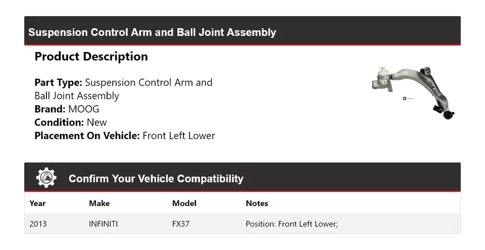 Conjunto de rótula de brazo de control Infiniti FX37 2013 delantero izquierdo inferior MOOG Foto 2 de 3