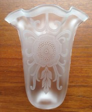 Vintage Frosted Clear Glass Long Pendant Shade Etched Medallion Flower & Fluting