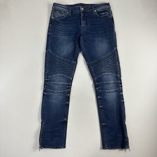 Guess Mens Moto Dark Wash Blue Size 33x30 Skinny Tapered Zip Ankle Double Knee