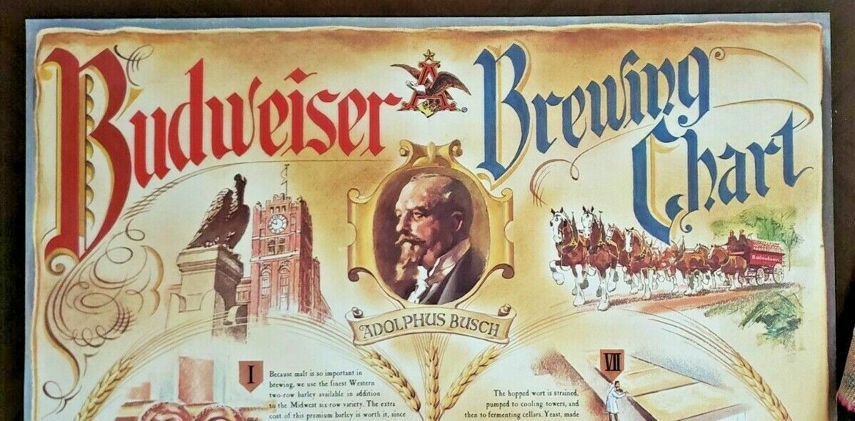 Vintage Rare 1990's Budweiser Brewing Beer Chart Poster King of Beers NOS