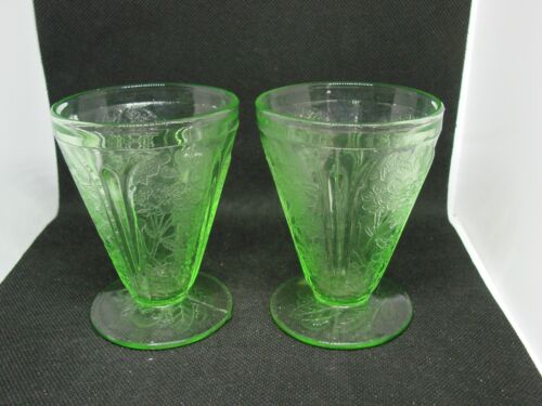 GREEN DEPRESSION GLASS CHERRY BLOSSOM PAIR OF FOOTED JUICE TUMBLERS 3 3/4" !