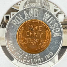 1958-D Lincoln Wheat Penny Encased Roland Wilson Stamps Delphi, Indiana SP3031