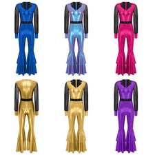 Women Shiny Long Sleeve Tiered Bell Bottom Jumpsuit Flared Pants Disco Dancewear
