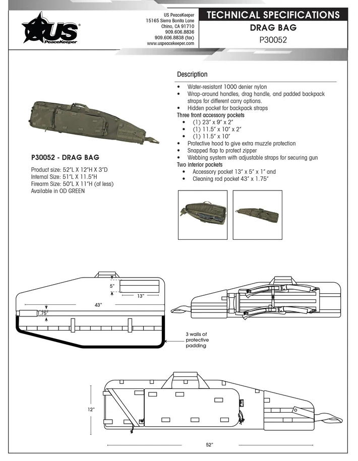 美国 PeaceKeeper 拖袋步枪盒 52 英寸 x 12 英寸 x 3 英寸外部 OD 绿色 P30052 — 第 4/4 张图片