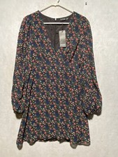 NASTYGAL Floral V Neck Puff Long Sleeve Sz 8 Mini Dress Cottagecore Boho NEW NWT