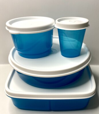 Limited Edition New Tupperware 4 Aqua Blue with White Lids  7503 4789 1551 4914