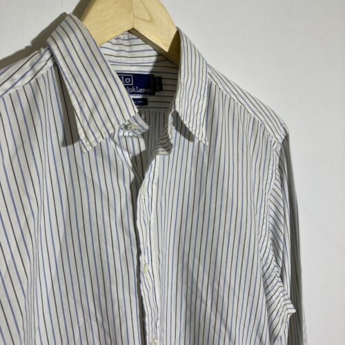 Vintage Polo Ralph Lauren Shirt Mens 15.5 33 White Blue Grey Striped Ls Button - Afbeelding 1 van 4