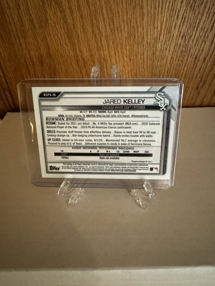 2021 Bowman Chrome Sapphire Jared Kelley AUTO 1st RC #BSPA-JK Chicago White Sox - Image 2 of 2