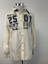 Camp David Shirt Mens Small Button Up Beige Embroidered Long Sleeve N183