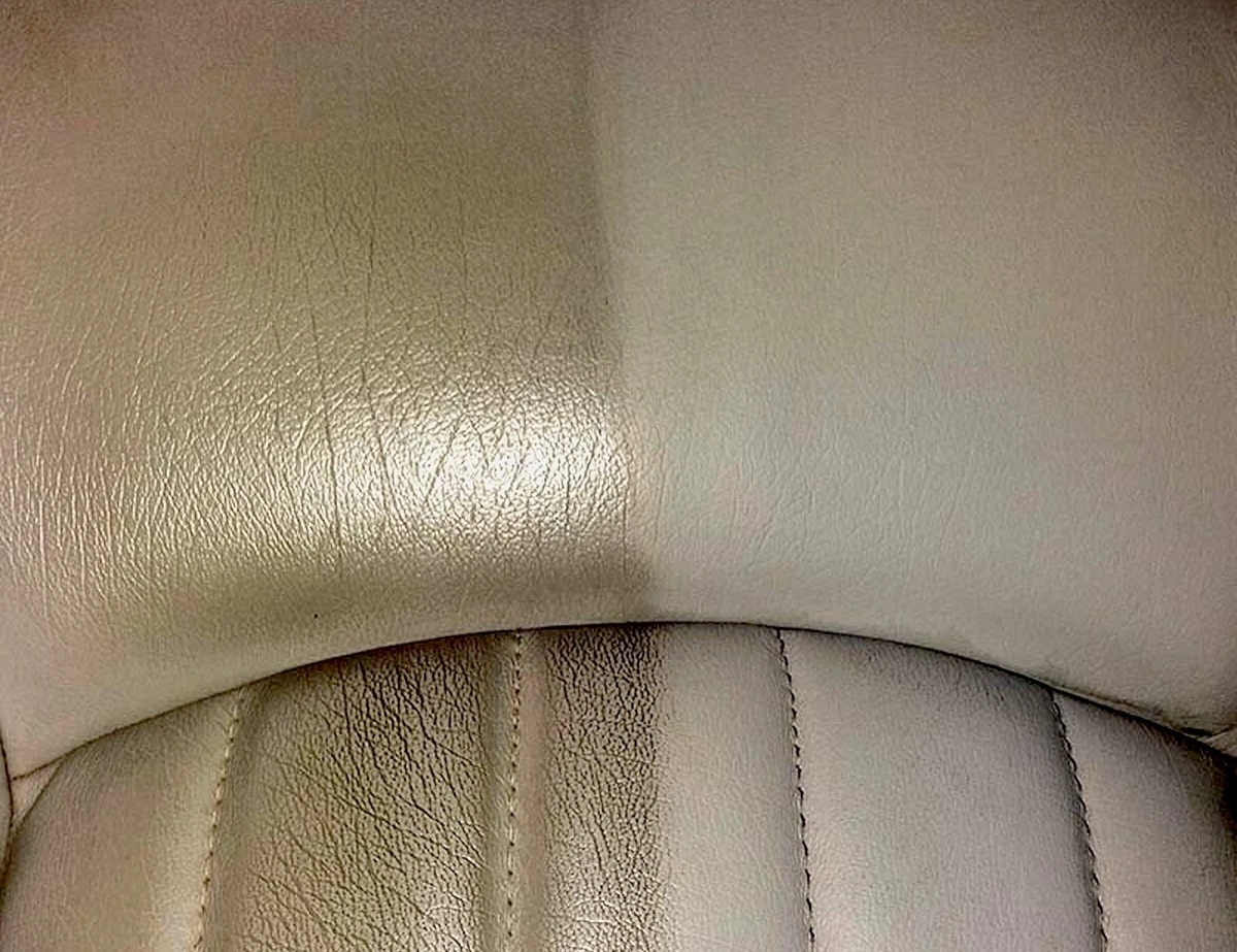 Beige leather upholstery, before and after cleaning.