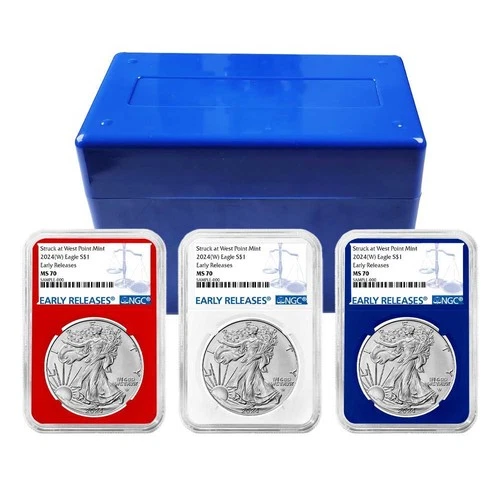 2024 (W) $1 American Silver Eagle 3pc Set NGC MS70 ER Blue Label Red White Blue