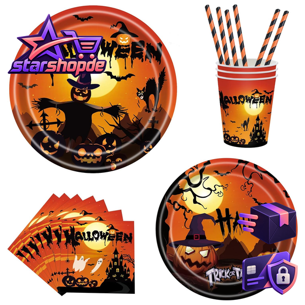 Halloween Geschirr Set 60 StüCk Pappteller Becher Servietten Strohhalme-image