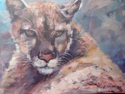 GERRY MILLER-.Unikate. Kunstwerk. ''COUGAR''. Ölfarbe auf Brett.30x40cm-