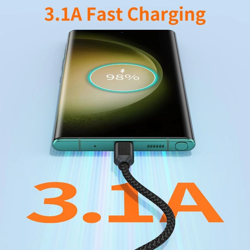 USB A to Type C Cable 6A 66W Fast Charger Braided Long USB C Lead 0.25M 1M 2M 3M - Image 3 of 4