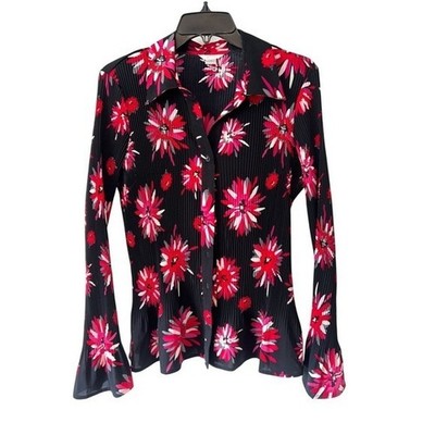 Christopher & Banks Black Button-Down Shirt with Red and Pink Floral Print stret