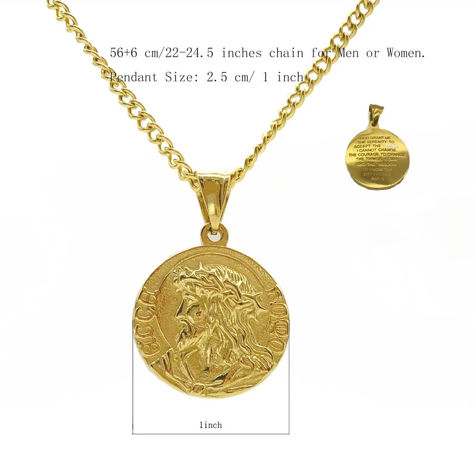Collar Moneda Jesús Chapado en Oro 18K, Colgante Oración Cristiana para Hombre Mujer, Foto 2 de 4