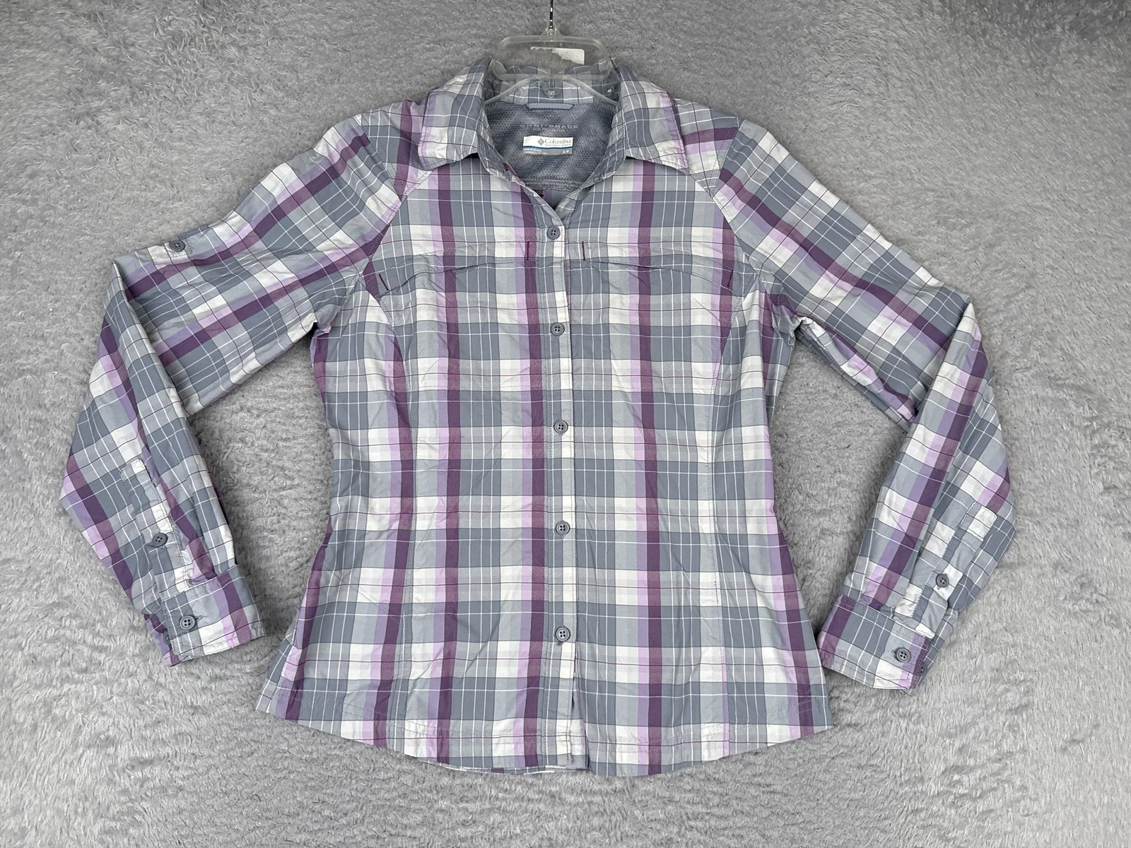 Columbia Shirt Womens Small Gray Long Sleeve Button Plaid Omni-Shade Hiking