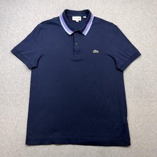 Lacoste Polo Shirt Mens Medium Blue Regular Fit Purple Striped Collar Croc Logo