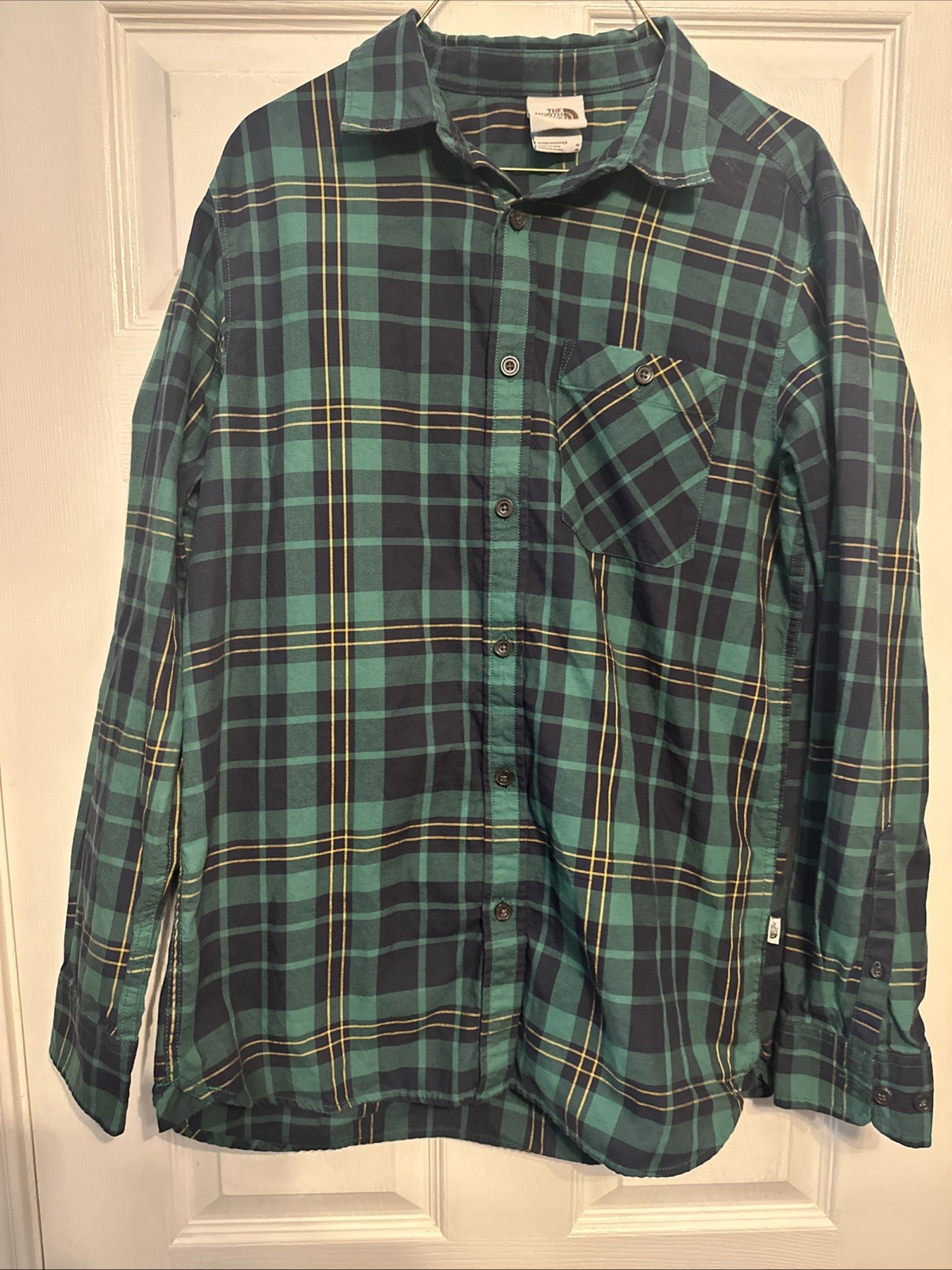 The North Face Shirt Mens Medium Green Plaid Flannel Lined Button Up Long Sleeve