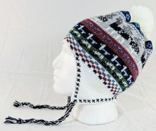 Colorful Soft Alpaca Chullo White Beanie Pom Pom Earflap Unisex Handmade Boho
