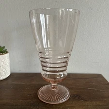 Pink Depression Glass Goblet Federal Glass Ribbed Design & Fluted Base Ice Tea