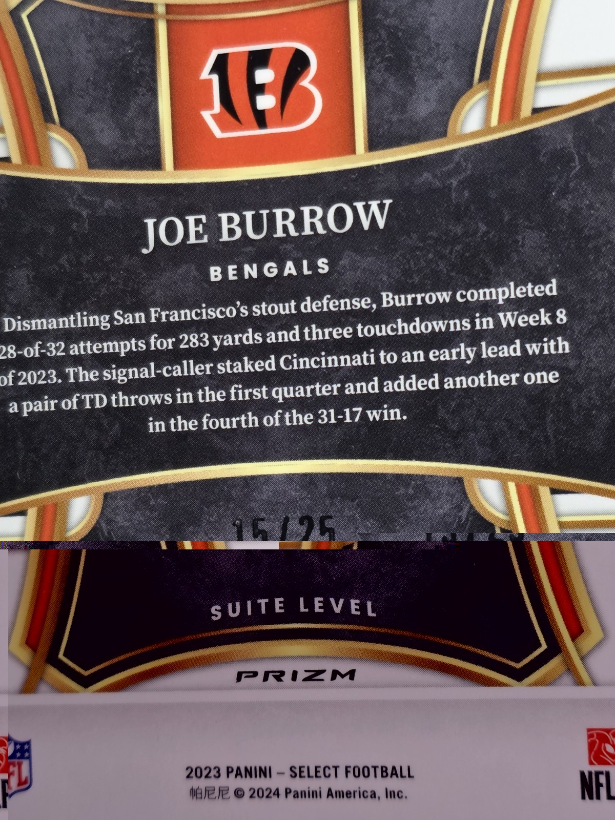 2023 Panini Select Joe Burrow Suite Level #419 Blue Disco Prizm #15/25 PSA 10 view 6