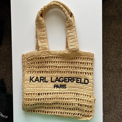 Karl Lagerfeld Paris Woven Paper Tote Bag Natural Black Logo with Dust Bag