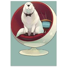 Retro Polar Bear Anime Style Art Poster - Mid Century Modern Chair