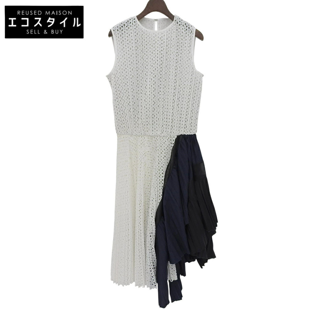 Sacai Women's Cotton Pleated Lace Dress White Navy Size 2 Excellent Used