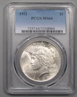 BU 1922 Silver PEACE Dollar.  PCGS MS64.