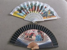 ""2 VINTAGE HAND FANS - SPANISH FLAMENCO DANCER  BULL FIGHT DESIGN ""