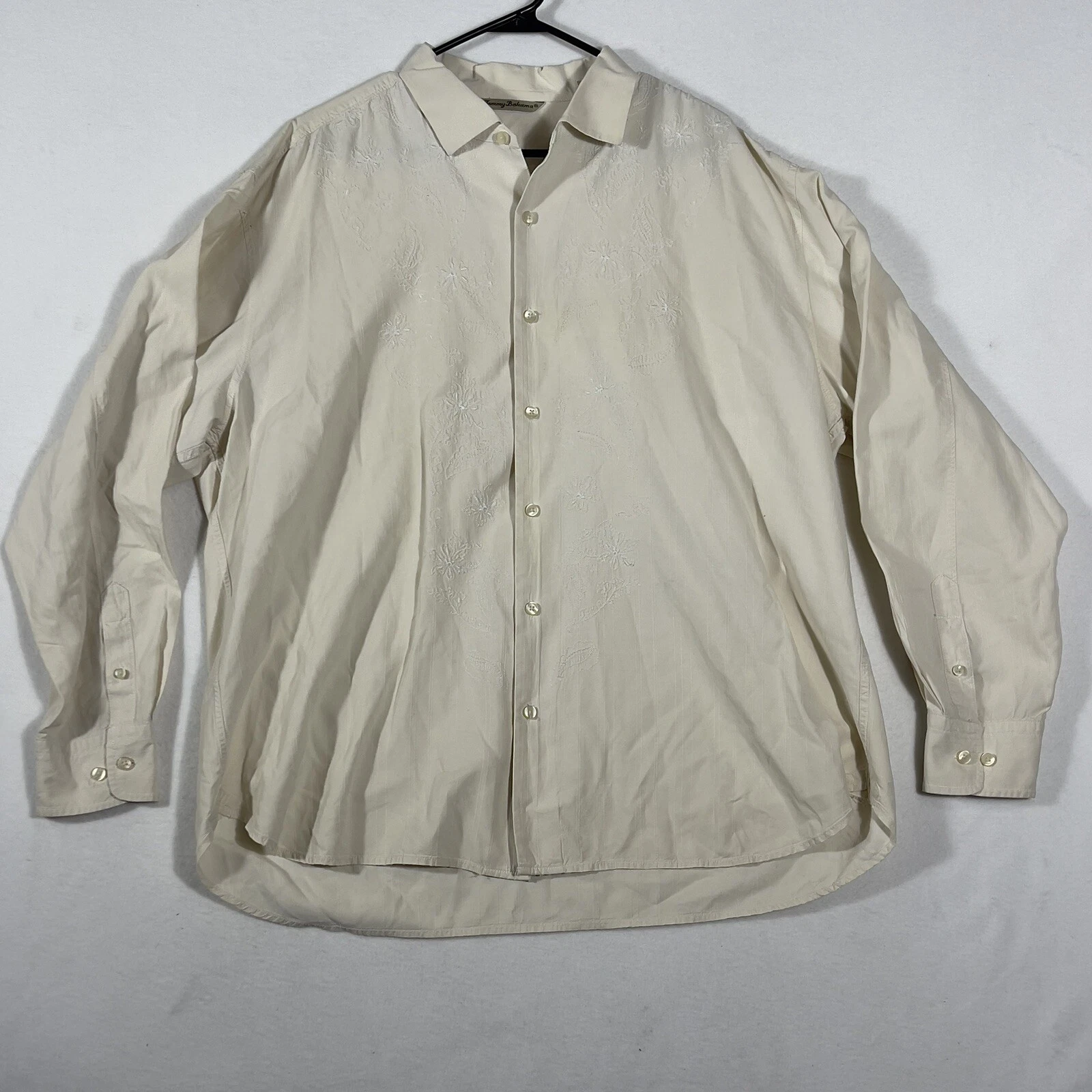 Tommy Bahama Button Up Shirt Ivory Long Sleeve Floral Embroidery Men’s 2XL.