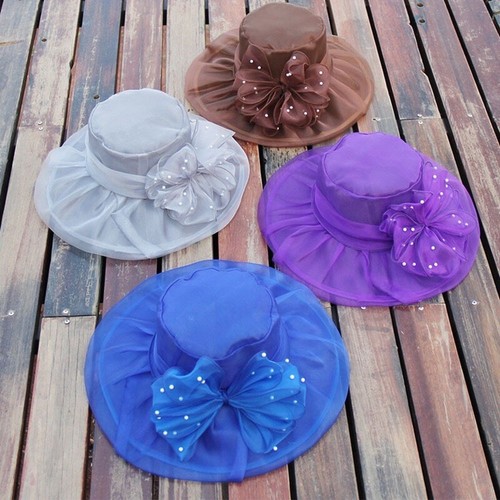 Women Organza Mesh Hat Sun Beaded Flower Wide Brim Beach Elegant Wedding