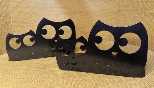 Bookends Owl 2 Metal Cut Out Vintage Black Enamel 5" x  8+" Whimsy & Retro. - Bild 1 von 11