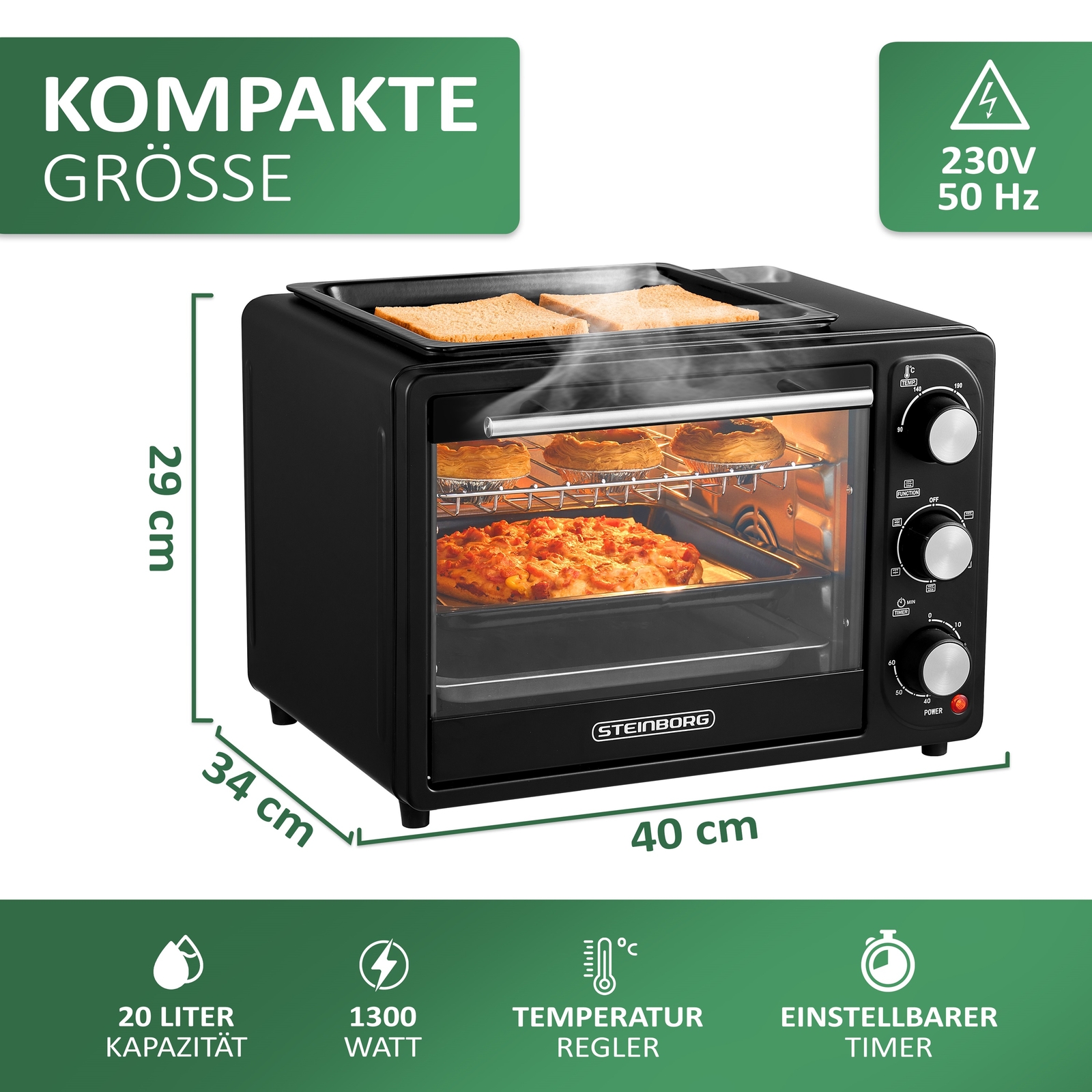 3in1 Mini Backofen 20 Liter mit Umluft inkl. Grillplatte Pizza-Ofen ...