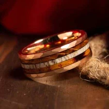 Deer Antler, Charred Whiskey Barrel Wood Mens Wedding Ring Rose Gold Comfort Fit