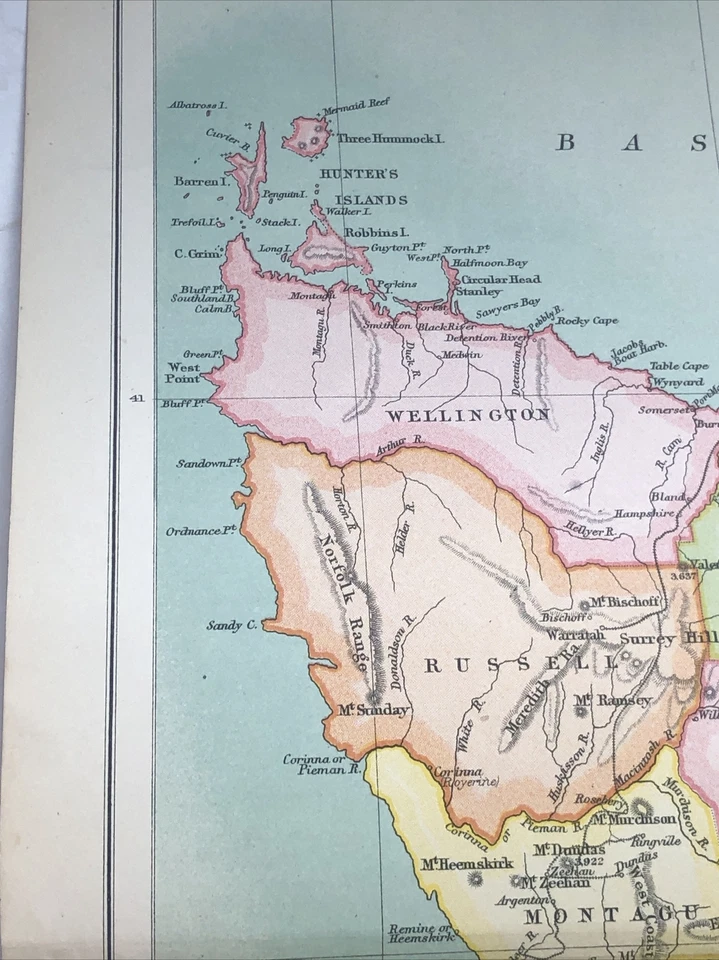 1910: Antique Map Tasmania Vintage 110 Yrs Old Colour Print Railways Gift #85 CS - Image 4 of 4